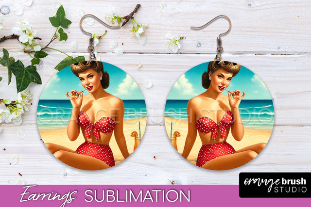 Pin Up Girl Earrings PNG - Beach Round Earrings Sublimation Sublimation OrangeBrushStudio 