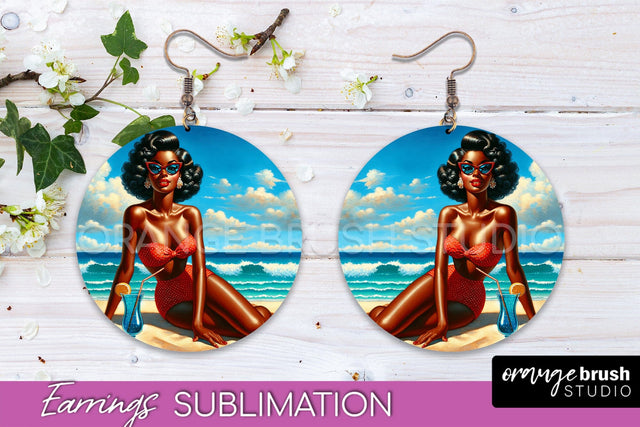Pin Up Girl Earrings PNG - Beach Round Earrings Sublimation Sublimation OrangeBrushStudio 