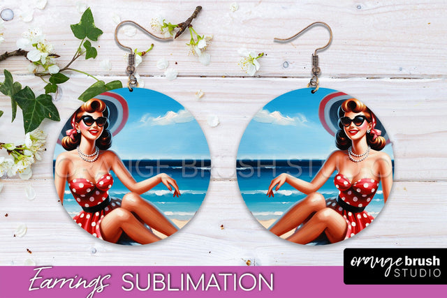 Pin Up Girl Earrings PNG - Beach Round Earrings Sublimation Sublimation OrangeBrushStudio 
