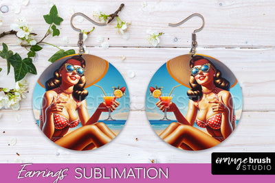 Pin Up Girl Earrings PNG - Beach Round Earrings Sublimation Sublimation OrangeBrushStudio 