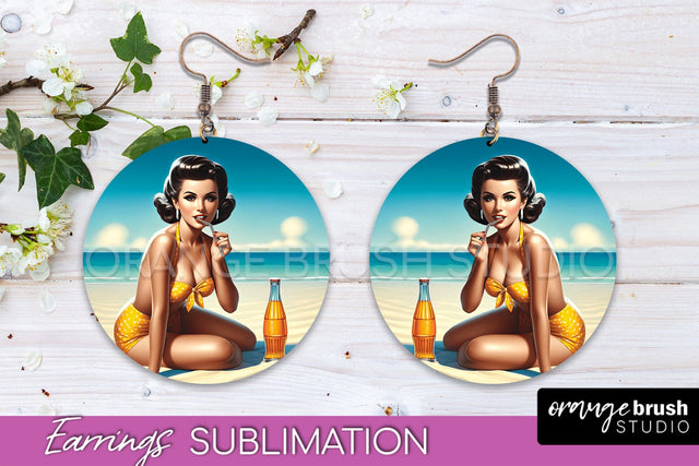 Pin Up Girl Earrings PNG - Beach Round Earrings Sublimation Sublimation OrangeBrushStudio 