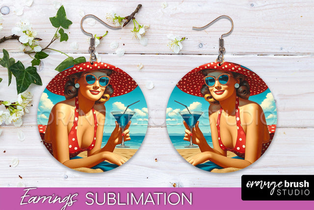 Pin Up Girl Earrings PNG - Beach Round Earrings Sublimation Sublimation OrangeBrushStudio 