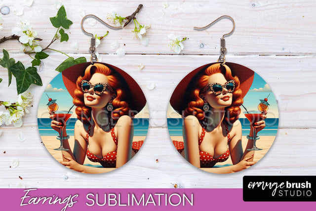 Pin Up Girl Earrings PNG - Beach Round Earrings Sublimation Sublimation OrangeBrushStudio 