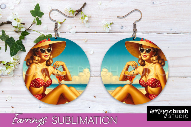 Pin Up Girl Earrings PNG - Beach Round Earrings Sublimation Sublimation OrangeBrushStudio 
