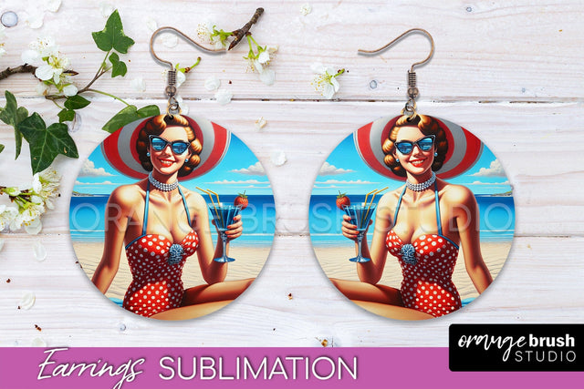 Pin Up Girl Earrings PNG - Beach Round Earrings Sublimation Sublimation OrangeBrushStudio 