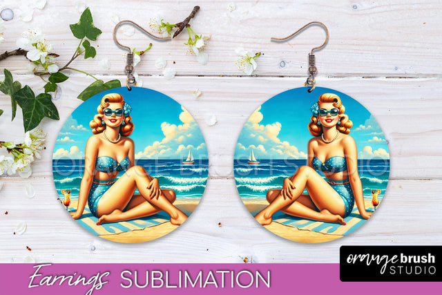 Pin Up Girl Earrings PNG - Beach Round Earrings Sublimation Sublimation OrangeBrushStudio 