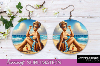 Pin Up Girl Earrings PNG - Beach Round Earrings Sublimation Sublimation OrangeBrushStudio 