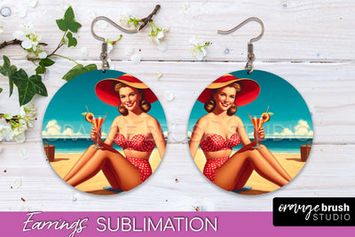 Pin Up Girl Earrings PNG - Beach Round Earrings Sublimation Sublimation OrangeBrushStudio 
