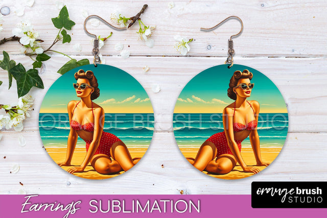 Pin Up Girl Earrings PNG - Beach Round Earrings Sublimation Sublimation OrangeBrushStudio 