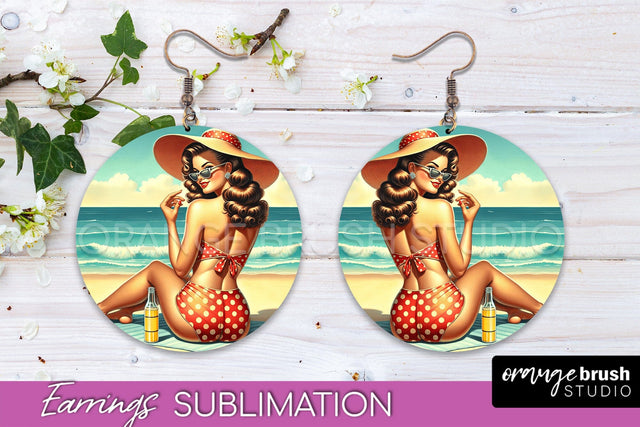 Pin Up Girl Earrings PNG - Beach Round Earrings Sublimation Sublimation OrangeBrushStudio 