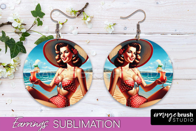 Pin Up Girl Earrings PNG - Beach Round Earrings Sublimation Sublimation OrangeBrushStudio 