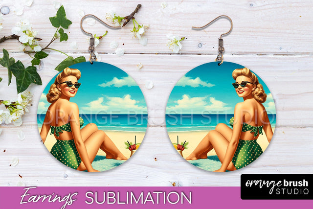 Pin Up Girl Earrings PNG - Beach Round Earrings Sublimation Sublimation OrangeBrushStudio 