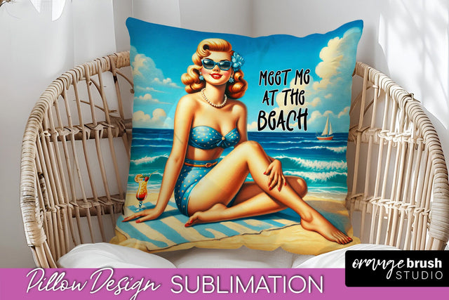 Pin Up Girl Pillow Cover - Beach Pillow Case Sublimation Sublimation OrangeBrushStudio 