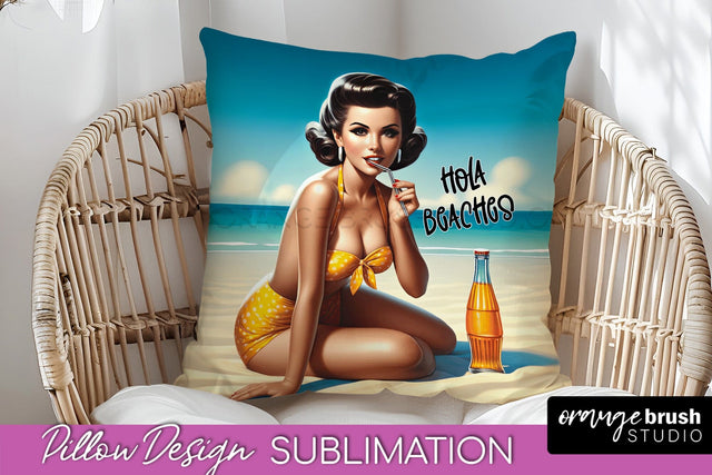 Pin Up Girl Pillow Cover - Beach Pillow Case Sublimation Sublimation OrangeBrushStudio 