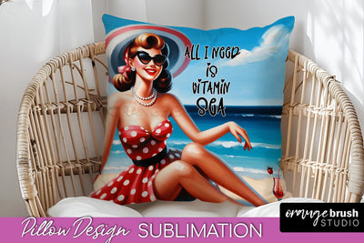 Pin Up Girl Pillow Cover - Beach Pillow Case Sublimation Sublimation OrangeBrushStudio 