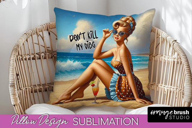 Pin Up Girl Pillow Cover - Beach Pillow Case Sublimation Sublimation OrangeBrushStudio 