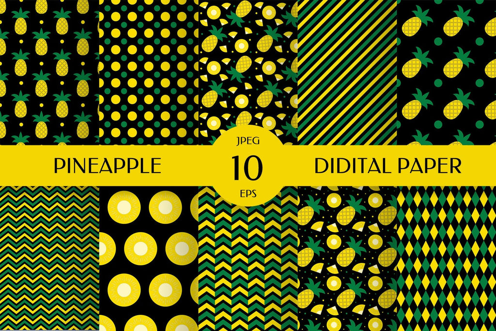 Pineapple Digital Paper Bundle. Tropical Seamless Pattern - So Fontsy