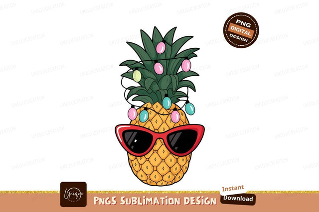 Pineapple wearing sunglasses and holiday lights festive Sublimation Designangry 