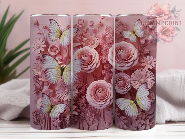 Pink 3D Butterfly Pastel 20oz Tumbler, Butterfly Pattern, Beautiful Arrangement, Delicate Wings, Playful Pastel, 20oz Tumbler Wrap, Sublimation PNG Sublimation Li Zamperini 