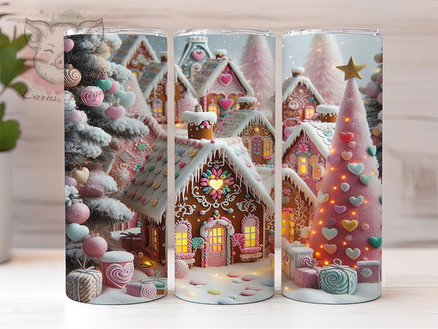 Pink 3D Pink Gingerbread House Tumbler, 3D Christmas Village Wrap, Holiday Bakery Sublimation, Festive Cottage Cup, 20Oz Skinny Tumbler Wrap, Sweet Christmas Mug, Whimsical Holiday Design Sublimation Lara' s Designs 