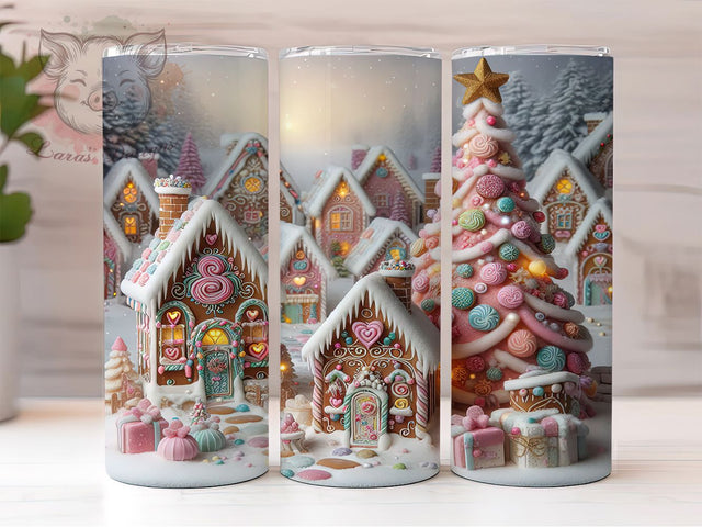 Pink 3D Pink Gingerbread House Tumbler, 3D Christmas Village Wrap, Holiday Bakery Sublimation, Festive Cottage Cup, 20Oz Skinny Tumbler Wrap, Sweet Christmas Mug, Whimsical Holiday Design Sublimation Lara' s Designs 