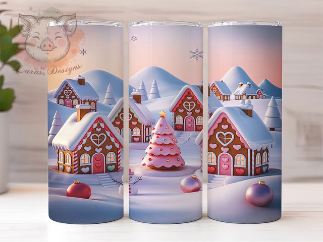 Pink 3D Pink Gingerbread House Tumbler, 3D Christmas Village Wrap, Holiday Bakery Sublimation, Festive Cottage Cup, 20Oz Skinny Tumbler Wrap, Sweet Christmas Mug, Whimsical Holiday Design Sublimation Lara' s Designs 