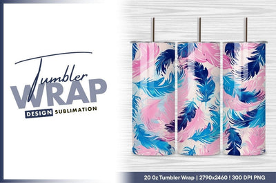 Pink And Blue Feather Pattern Tumbler Png Sublimation Regulrcrative 