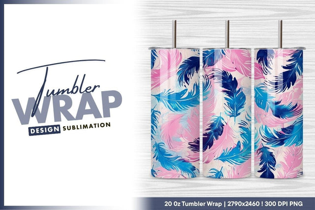 Pink And Blue Feather Pattern Tumbler Png Sublimation Regulrcrative 