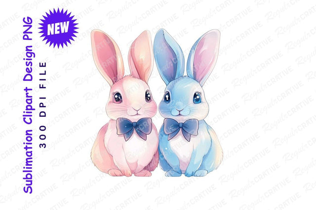 Pink And Blue Watercolor Bunny Clipart Png Sublimation Regulrcrative 