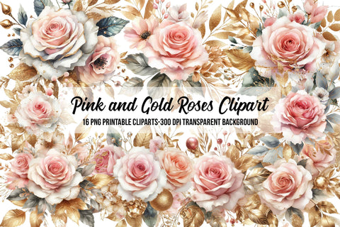 Pink and Gold Roses Clipart Sublimation Rupkotha 
