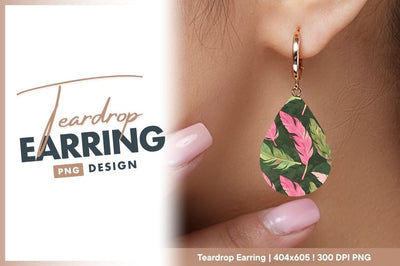 Pink And Green Feather Pattern Teardrop Earring Png Sublimation Regulrcrative 