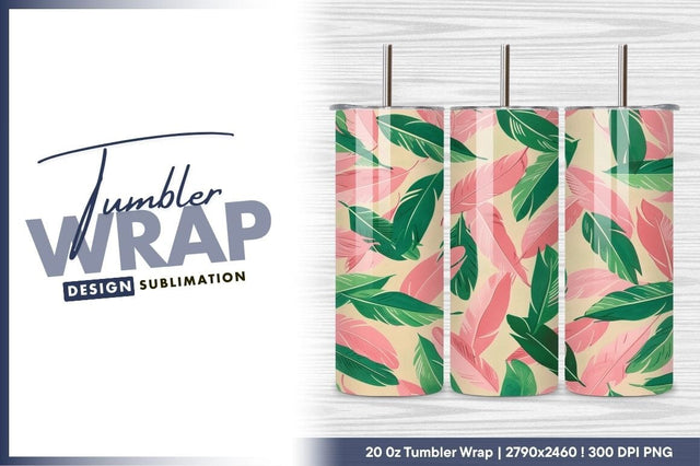Pink And Green Feather Pattern Tumbler Png Sublimation Regulrcrative 