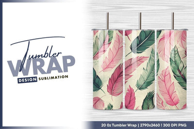 Pink And Green Feather Pattern Tumbler Png Sublimation Regulrcrative 
