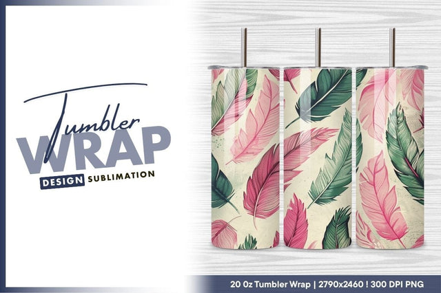 Pink And Green Feather Pattern Tumbler Png Sublimation Regulrcrative 