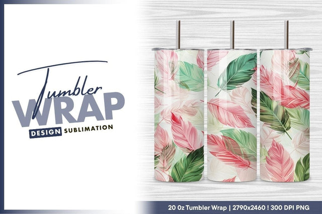 Pink And Green Feathers Tumbler Png Design Sublimation Regulrcrative 