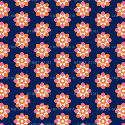 Pink And Orange Retro Flowers On Dark Blue Pattern Digital Paper Digital Pattern Karma Genie Graphics 