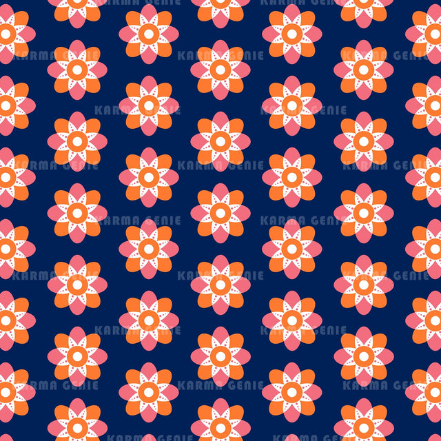 Pink And Orange Retro Flowers On Dark Blue Pattern Digital Paper Digital Pattern Karma Genie Graphics 