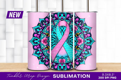 Pink And Teal Ribbon Floral Tumbler Png Sublimation Regulrcrative 