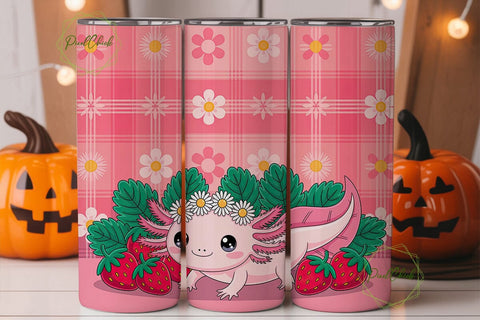 Pink Axolotl Strawberry Plaid Tumbler Sublimation PixelChick 