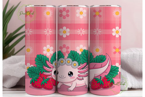 Pink Axolotl Strawberry Plaid Tumbler Sublimation PixelChick 