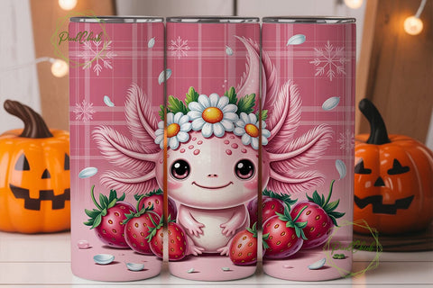 Pink Axolotl Strawberry Plaid Tumbler Sublimation PixelChick 