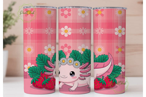 Pink Axolotl Strawberry Plaid Tumbler Sublimation PixelChick 