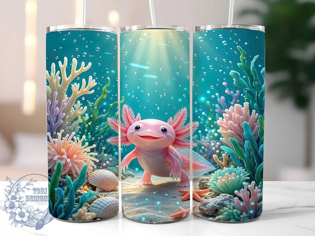 Pink Axolotl Underwater Paradise 20oz Tumbler, Pink Accent, Axolotl Motif, Underwater Scene, Paradise Theme, Sublimation Wrap, 20oz Tumbler, Whimsical Charm Sublimation ToriDesigns 