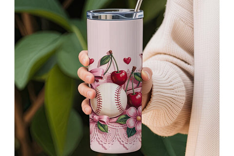 Pink Baseball & Cherries Tumbler Wrap Sublimation DesignSVG 