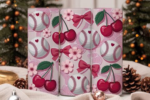 Pink Baseball & Cherries Tumbler Wrap Sublimation DesignSVG 