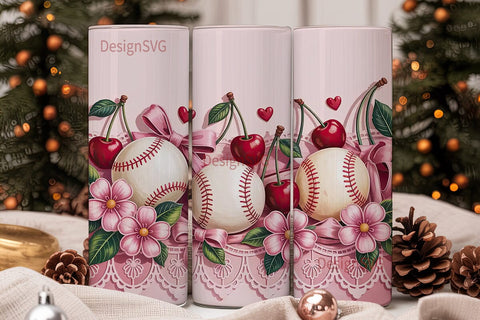 Pink Baseball & Cherries Tumbler Wrap Sublimation DesignSVG 