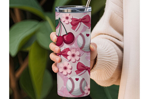 Pink Baseball & Cherries Tumbler Wrap Sublimation DesignSVG 