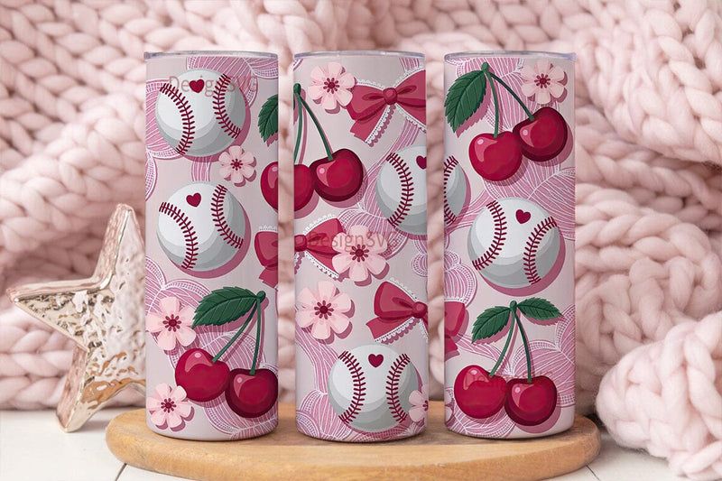 Pink Baseball & Cherries Tumbler Wrap Sublimation DesignSVG 