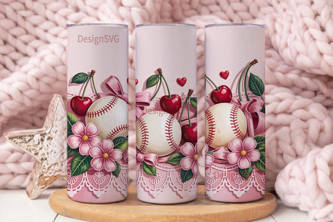 Pink Baseball & Cherries Tumbler Wrap Sublimation DesignSVG 