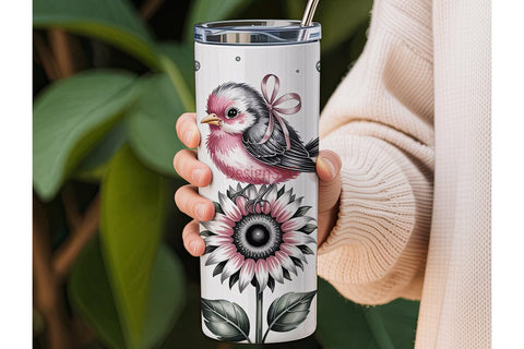 Pink Bird & Sunflower 20oz Tumbler Wrap Sublimation DesignSVG 